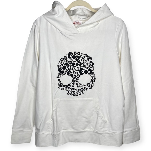 NWOT Kitty Bow Style Skull Print L Pullover Hoodie Cream Kangaroo Pocket - Picture 1 of 6